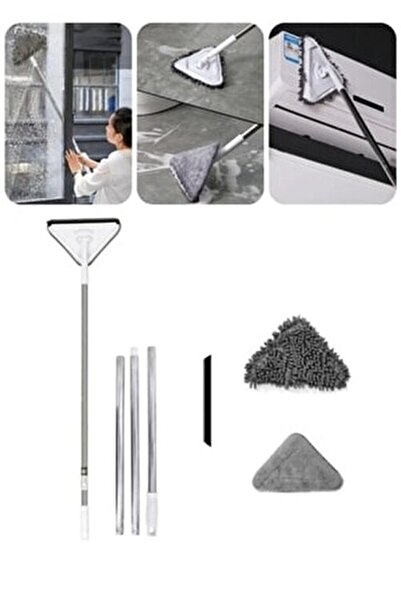 Single ( 2 Farklı Bezli ) Teleskopik Üçgen Camsil Duvar Yüzey Cam Silme Apara...
