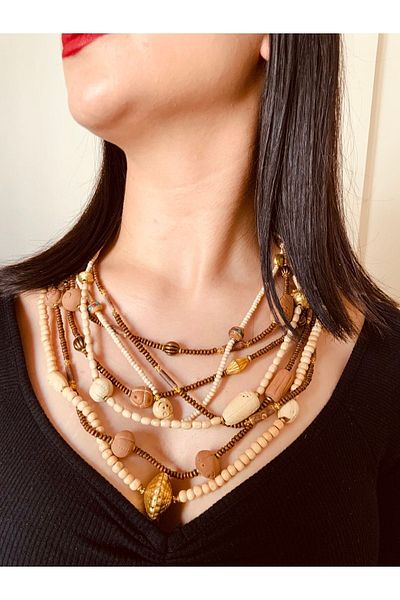 azra takı tasarım Handmade, wooden, Authentic, cream, Coffee, Brass Material, Ethnic, Bohemian, multi, Long Women's Necklace