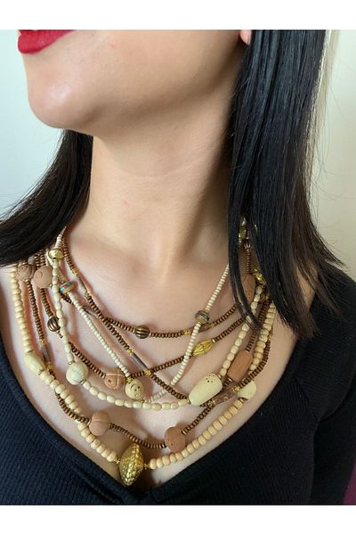 azra takı tasarım Handmade, wooden, Authentic, cream, Coffee, Brass Material, Ethnic, Bohemian, multi, Long Women's Necklace