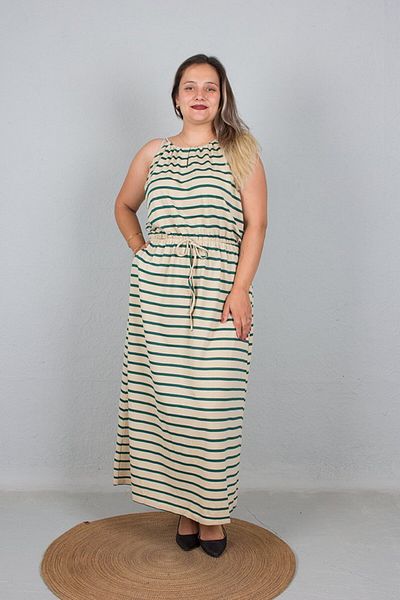 Truva XXL Green Striped Long Dress - Plus Size, Elastic Waist with Tie Detail and Straps