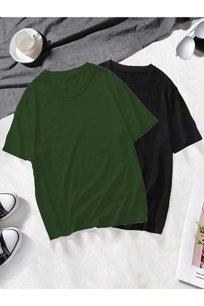 Mambo Unisex 2 Pack Black-Green Basic Oversize Combed Cotton T-Shirt T-Shirt