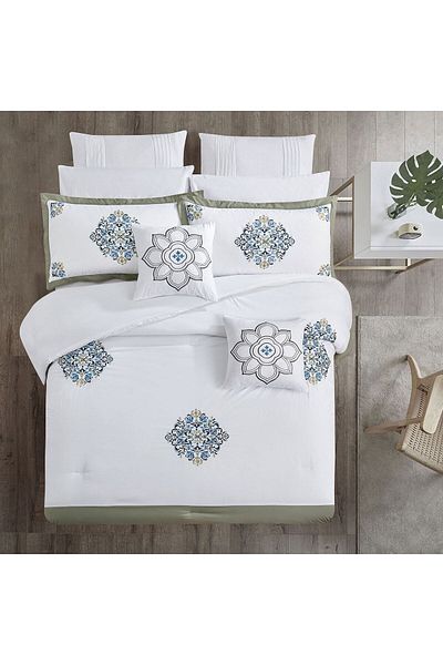 In House Talah | 10 Pieces Embroidery Comforter Set - King - 260x240 cm - White & Beige