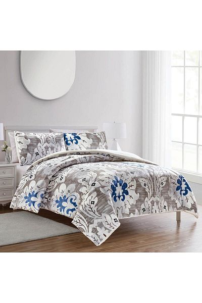 In House Guardian Dream | 3 Pieces Winter Comforter Set with Fur Lining - King - 260x240 cm - Grey & Blue
