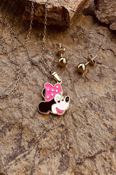 MOONİ ACCESSORİES Çelik Seni Mini Fare Pembe Benekli Kurdeleli Paslanmaz Top Küpeli Kolye Seti