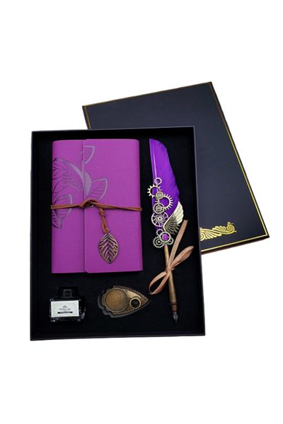 Sarego Leather Cover Vintage Souvenir Notebook Angel Wing Motif Mega Size Dip Inkwell Pen Set with Special Box