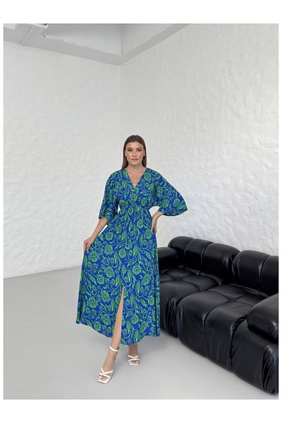 Elif Özbey Butik Φόρεμα με νυχτερίδα μπλε πράσινο σχέδιο