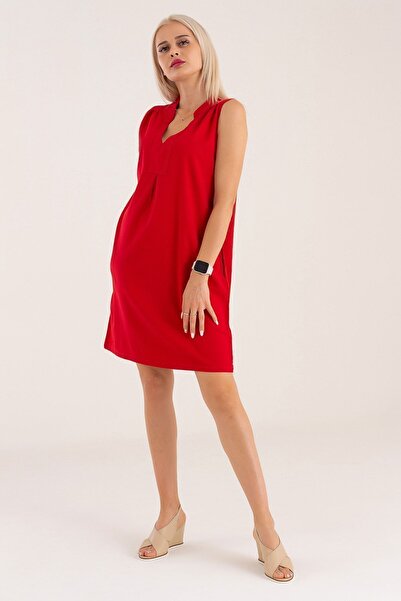 Bold & Young Women's Red Color Pocket Washed Cotton Lycra Dress