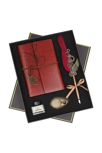 Sarego Leather Cover Vintage Souvenir Notebook Angel Wing Motif Mega Size Dip Inkwell Pen Set with Special Box