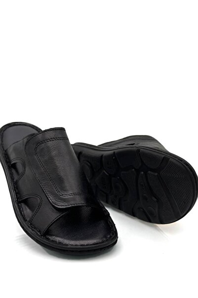 Moda Anna Sermoda Hakiki Gerçek Deri Erkek Terlik Hafif Terlik Deri C Siyah