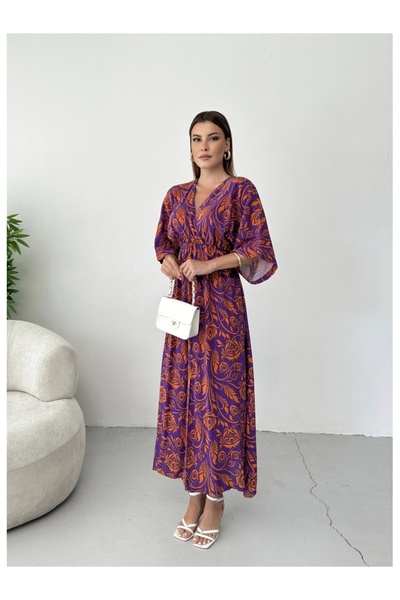 Elif Özbey Butik Orange Purple Patterned Bat Sleeve Dress