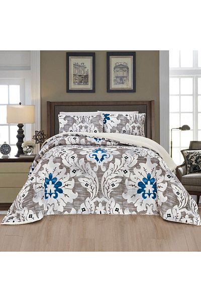 In House Guardian Dream | 3 Pieces Winter Comforter Set with Fur Lining - King - 260x240 cm - Grey & Blue