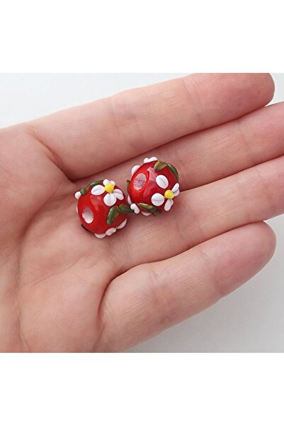 kırıkboncuk El Yapımı Murano Boncuk Kırmızı Üzeri Beyaz Papatya 1 Adet