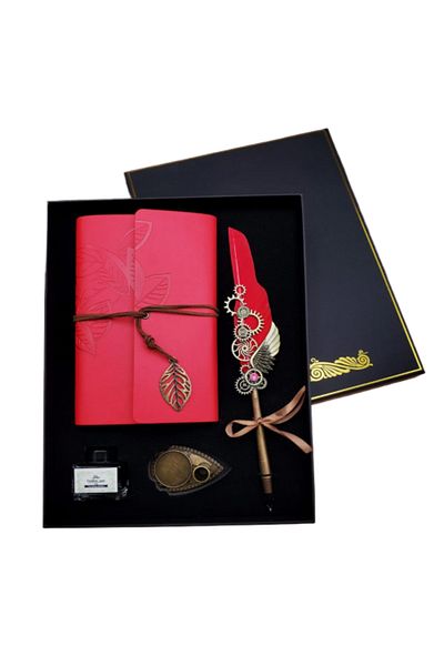 Sarego Leather Cover Vintage Souvenir Notebook Angel Wing Motif Mega Size Dip Inkwell Pen Set with Special Box