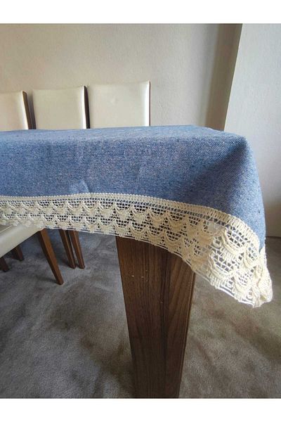 denizli hatırası Față de masă ondulată cu dantelă de in albastru - 120x120 cm