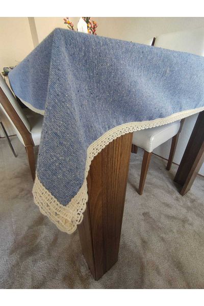 denizli hatırası Față de masă ondulată cu dantelă de in albastru - 120x120 cm