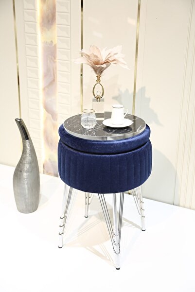 Sare Home Bianco Metal Ayaklı Puflu Sehpa Krom Koyu Mavi (CHROME DARK BLUE)