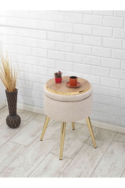 Sare Home Bella Metal Ayaklı Puflu Teddy Kumaş Sehpa Altın Beyaz (GOLD WHİTE)
