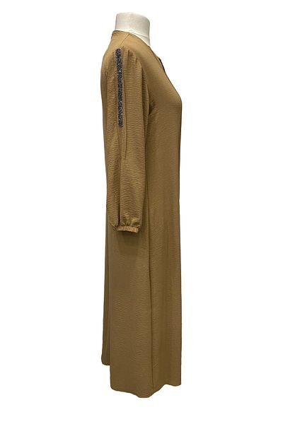 Giyinen Mağazaları Round Neck and Glitter Detailed Mink Rabia Ayrobin Dress - Elastic Sleeve and Belt