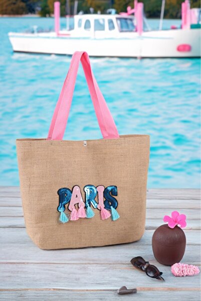 QUTBAG حقيبة شاطئ نسائية كبيرة الحجم منقوشة من الجوت