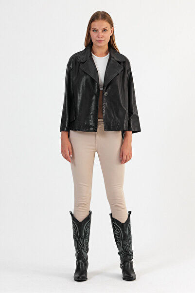 nero leather fur Tek Düğmeli Kadın Deri Ceket