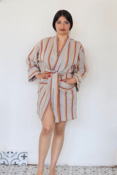 Bahtiyar İpek Gri Kalın Kırmızı Çizgili Pamuk Kimono