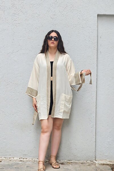 Bahtiyar İpek Krem Sarı Siyah Çizgili Keten Kimono