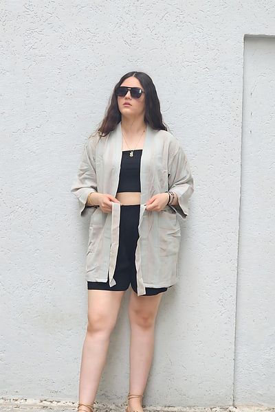 Bahtiyar İpek Water Green Striped Gray Cotton Kimono - Thick Design