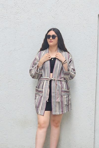 Bahtiyar İpek Linen Kimono - Gray and Claret Red Striped