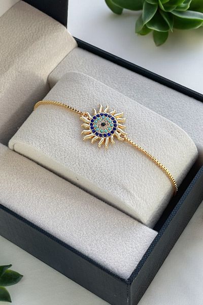 TAKIPORT Gold Color Women's Bracelet with Elevator and Zircon Stone Evil Eye Detail - Adjustable