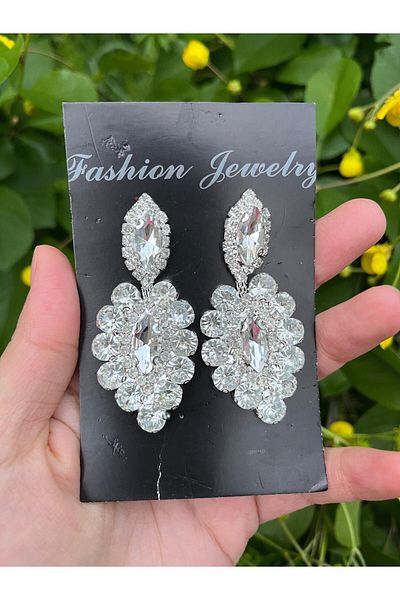 ANZE White Bridal Earrings with Crystal Stone Detail