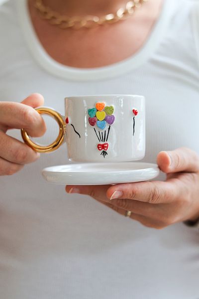 Özce Art Ceramic Atelier Rainbow Series - 170 ml Double Turkish Coffee Cup 2 pieces, Color and Balloon