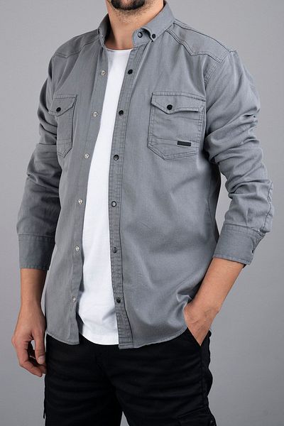 bombe Ανδρικό τζιν πουκάμισο Slim Fit σε γκρι χρώμα