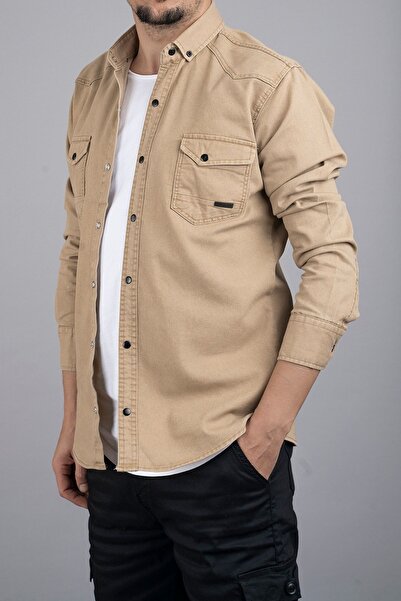 bombe Erkek Kot Gömlek Slim Fit Bej 037