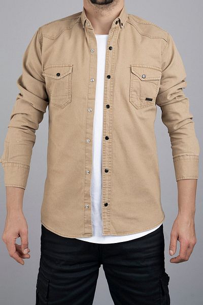 bombe Ανδρικό τζιν πουκάμισο Slim Fit Beige 037