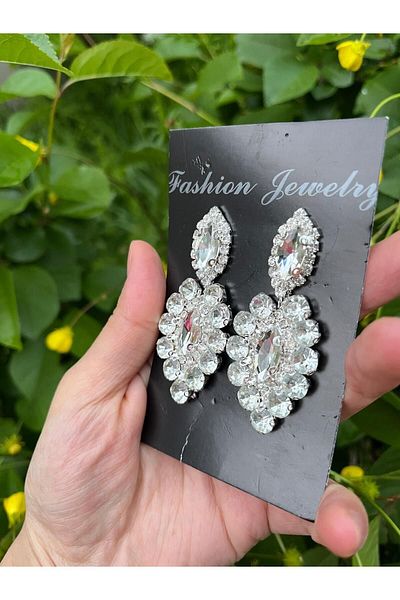 ANZE White Bridal Earrings with Crystal Stone Detail