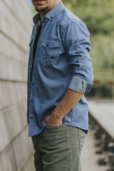 bombe Ανδρικό τζιν πουκάμισο Slim Fit μπλε