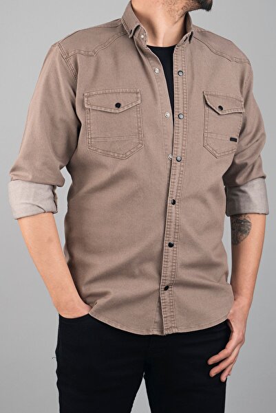 bombe Ανδρικό τζιν πουκάμισο Slim Fit Mink