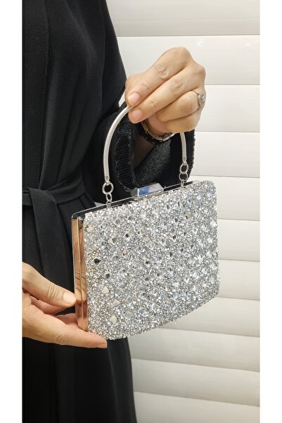 GP GUES POLO حقيبة سهرة مربعة من حجر الكريستال الفضي