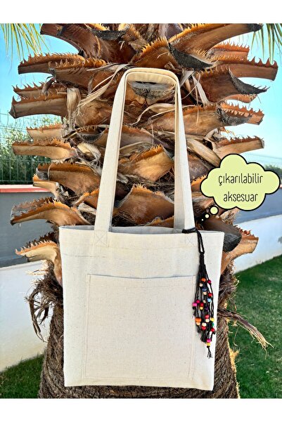 Handream حقيبة كتف من القماش الكتاني - لون خام، إكسسوار شرابة