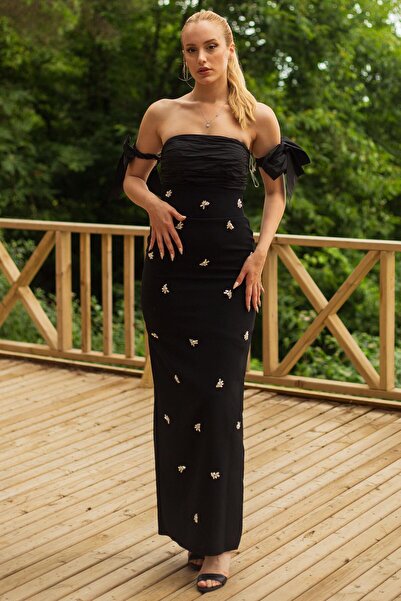 SpringStore Siyah İnci Detaylı Krep Abiye Elbise