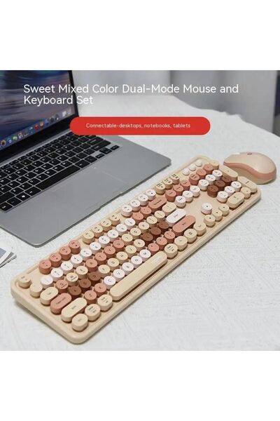 RabbitTech Renkli Daktilo Tarzı Vintage Mekanik Klavye Mouse PC Laptop Uyumlu Kablosuz