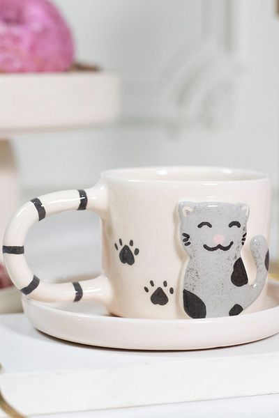 ada mia seramik 170ml Ceramic Mug - Handmade with Cat Figure