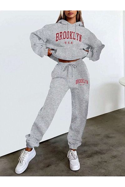 Hunors Sportswear & Company Σετ αθλητικής φόρμας Brooklyn Printed Grey Oversize Cotton - Hoodie και ελαστικά πόδια