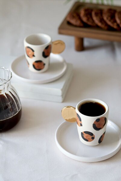 ada mia seramik El Yapımı Leopar Desenli 2’li Seramik 24K Gerçek Altın Dekorlu Fincan Takımı 90ml