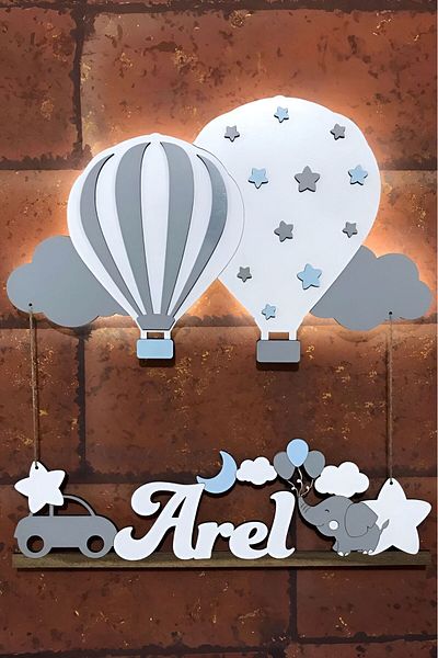 İnfigo Concept Illuminated Wooden Baby Door and Wall Decoration with Balloons - Baby Blue-Grey