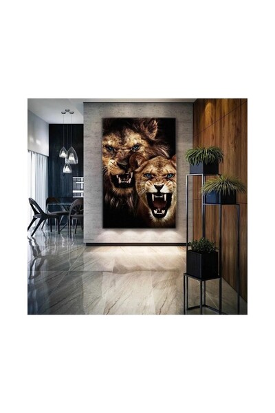 Genel Markalar Dişlerini Gösteren Aslan ve Kaplan Asil Hayvan Dekoratif Kanva...