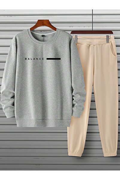 SeusCraft Σετ φόρμας Unisex Γκρι Μπεζ BALANCE με στάμπα με κουκούλα