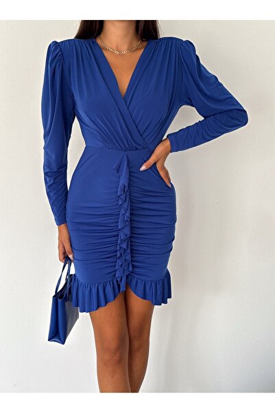 MaxiMor Kruvaze Yaka Drapeli Mini Boy Krep Kumaş Elbise Düğün Nişan Mezuniyet Parti Davet