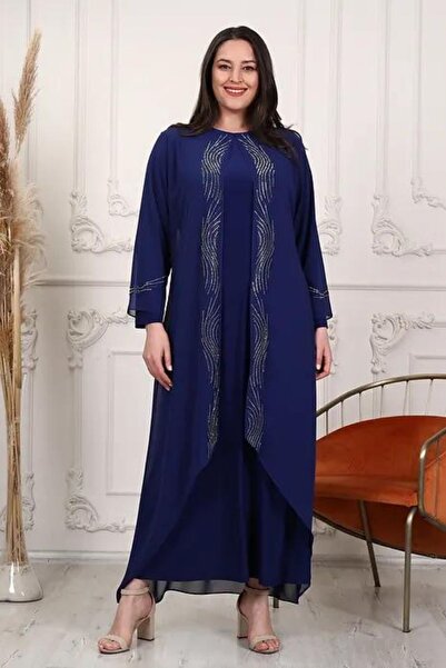 Aydoğan Büyük Beden Fırça Desenli Şifon Tek Parça Abiye Elbise