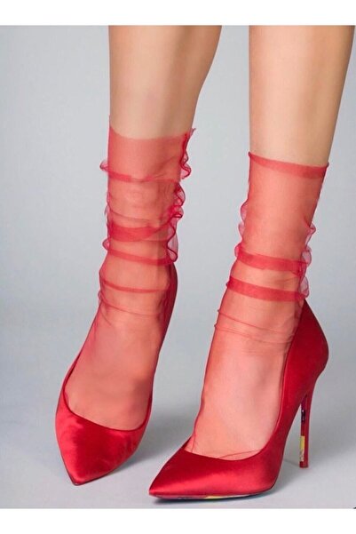 VENÜS MODA by Pınar Kırmızı Tül Çorap Gelin Çorabı Parti Çorabı Kına Aksesuarı